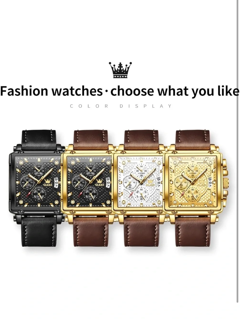 OLEVS Golden Square Chronograph Watch with Brown Leather Strap